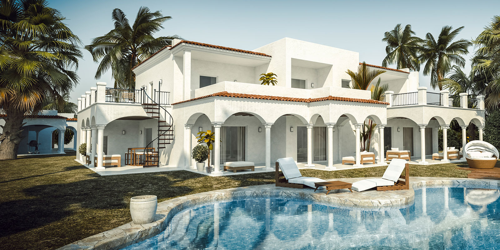 White Mansion with Pool and Balcony